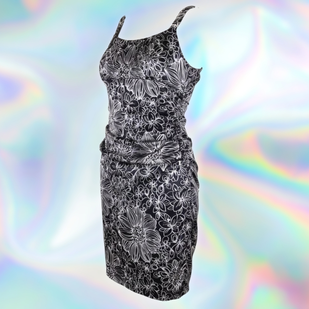london times - satin floral sleeveless dress in black and white